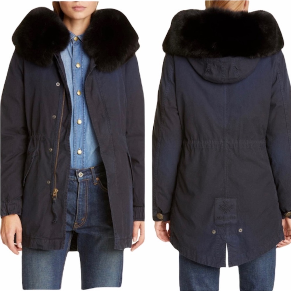 MR & MRS ITALY Hooded Cotton Parka With Removable Fox Fur Trim NEW Size M Navy